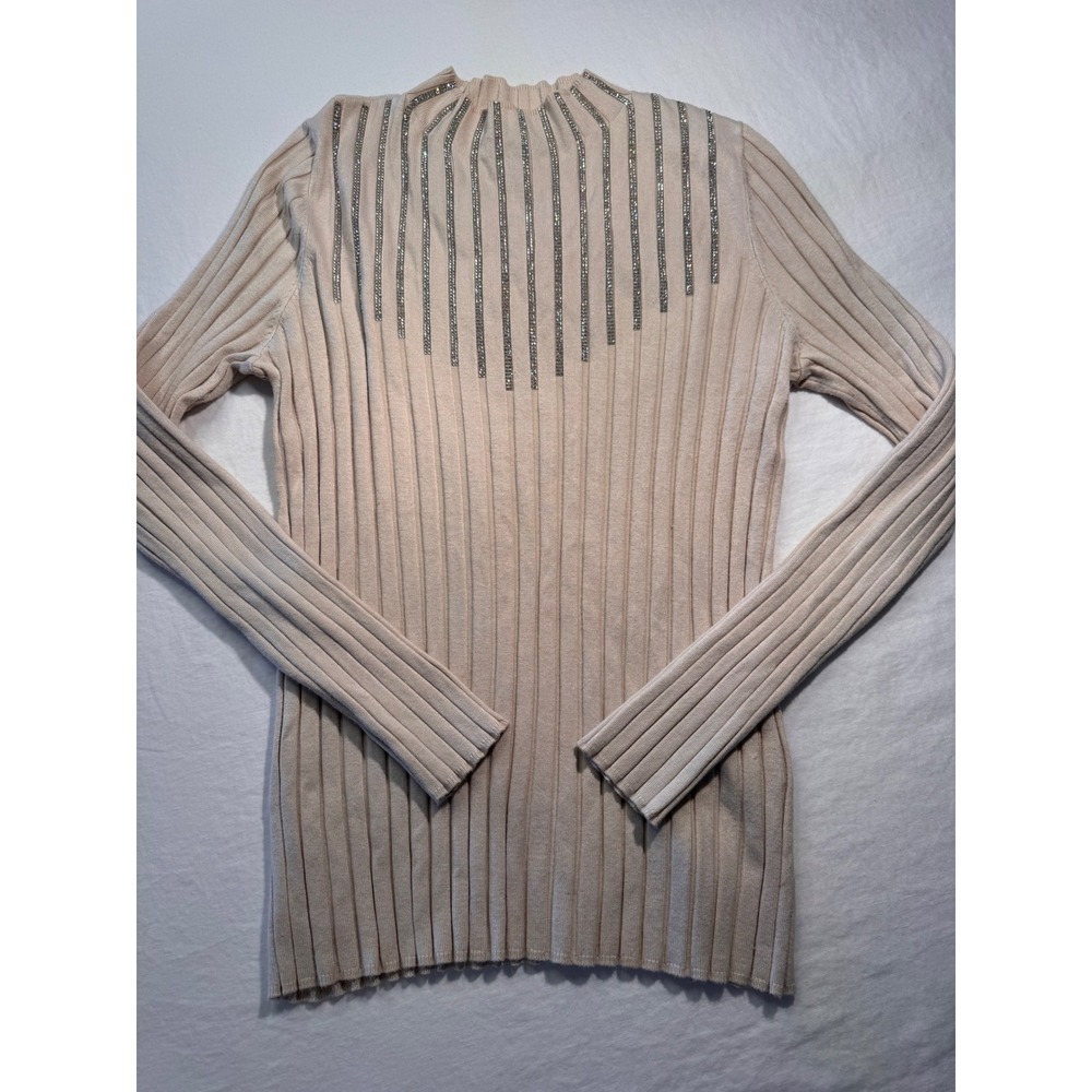 INC International Concepts Women Beige Ribbed Rhinestone Mock Neck Sweater M